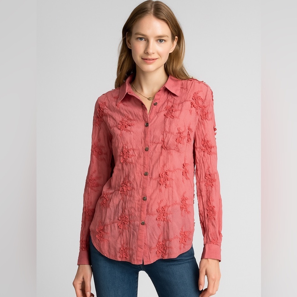 NWT Aratta Silent Journey Embroidered Button Up Top XS Coral Artsy Boho Festival